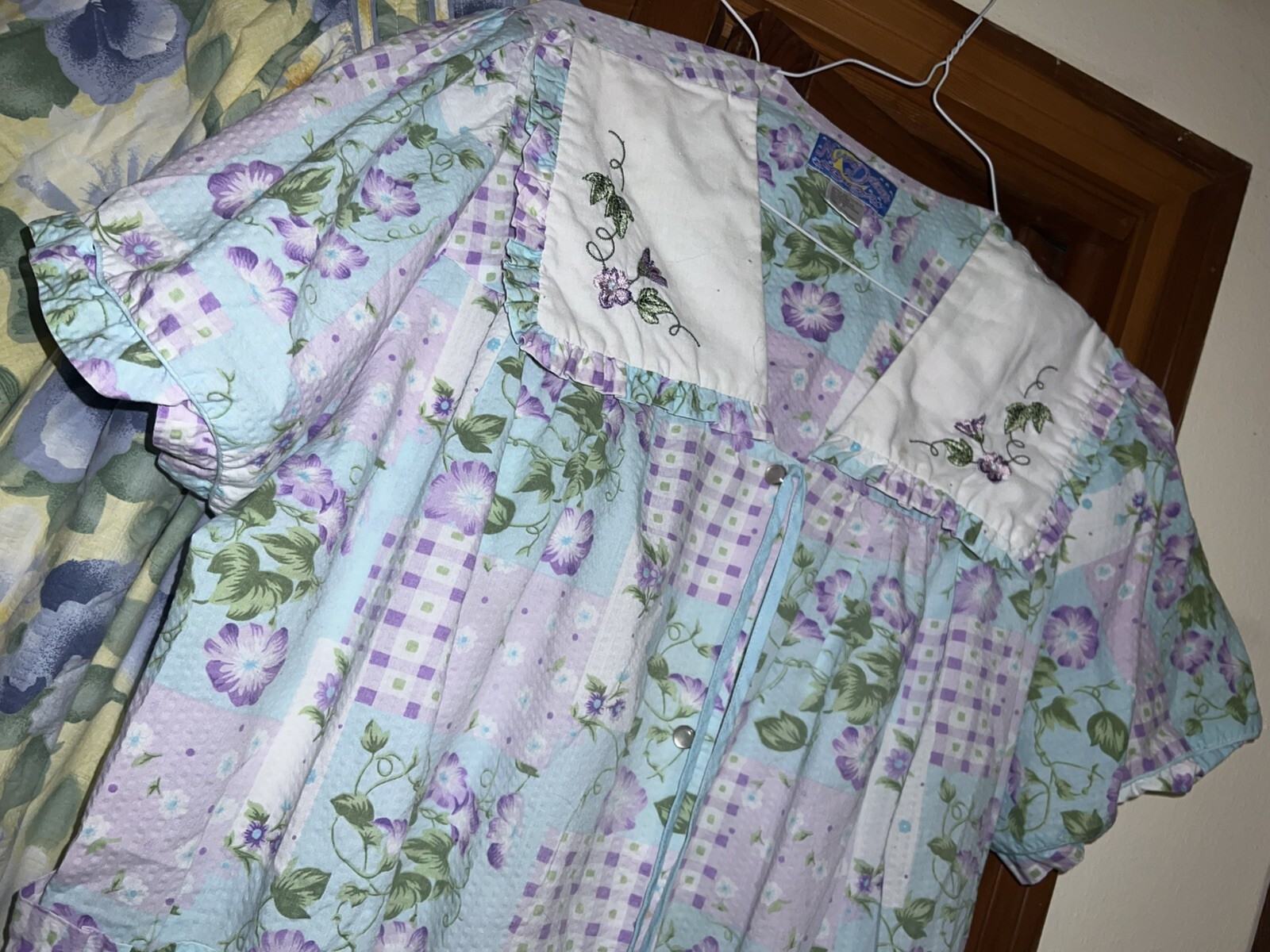 6/Coffee Time Designer Floral Ruffle Trim Muumuu House Dresses Vintage Fits M/L