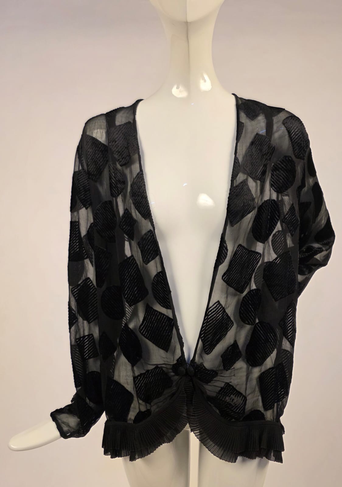 ART DECO 1920’S GEOMETRIC VOIDED BLACK VELVET JACKET W RUFFLES