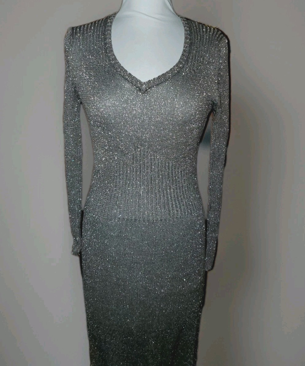 Vint 70&rsquo;s Studio 54 SILVERY METALLIC LUREX Knit V NECK Maxi Dress M HONG KONG