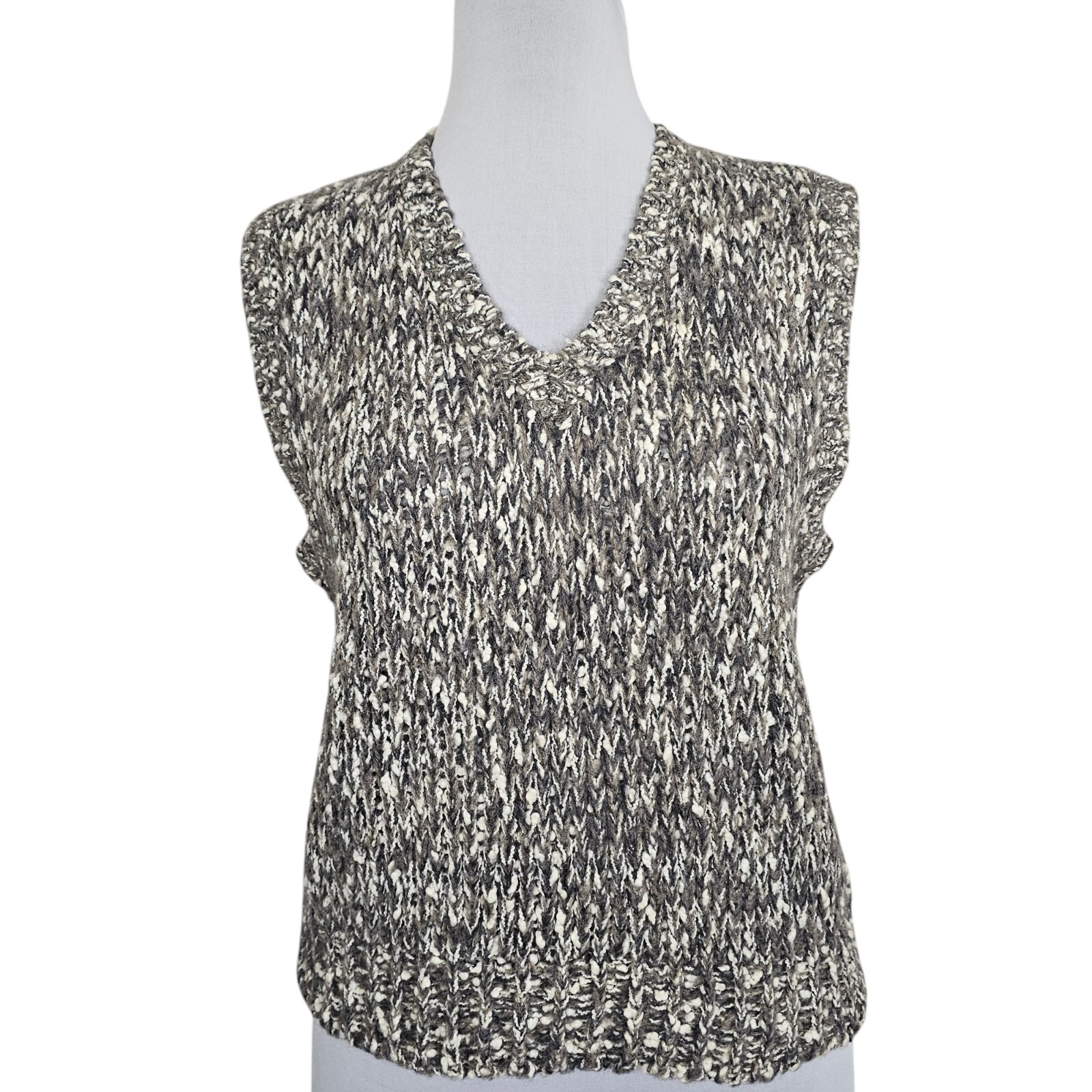 Vintage 80s 90s Russ Womens L Grey White Chunky Knit Sweater Vest Wool Blend