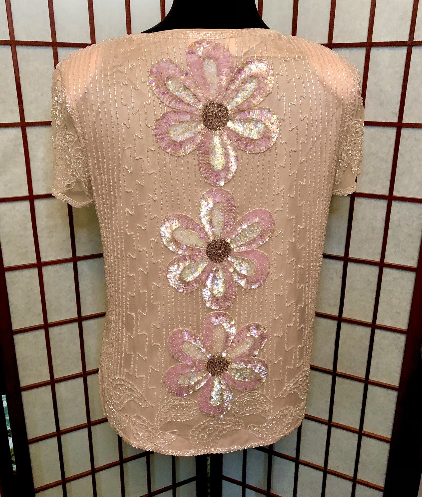 Vintage Beaded PINK Sequins Silk Women’s Shangri-La Hong Kong Shirt Blouse Top M