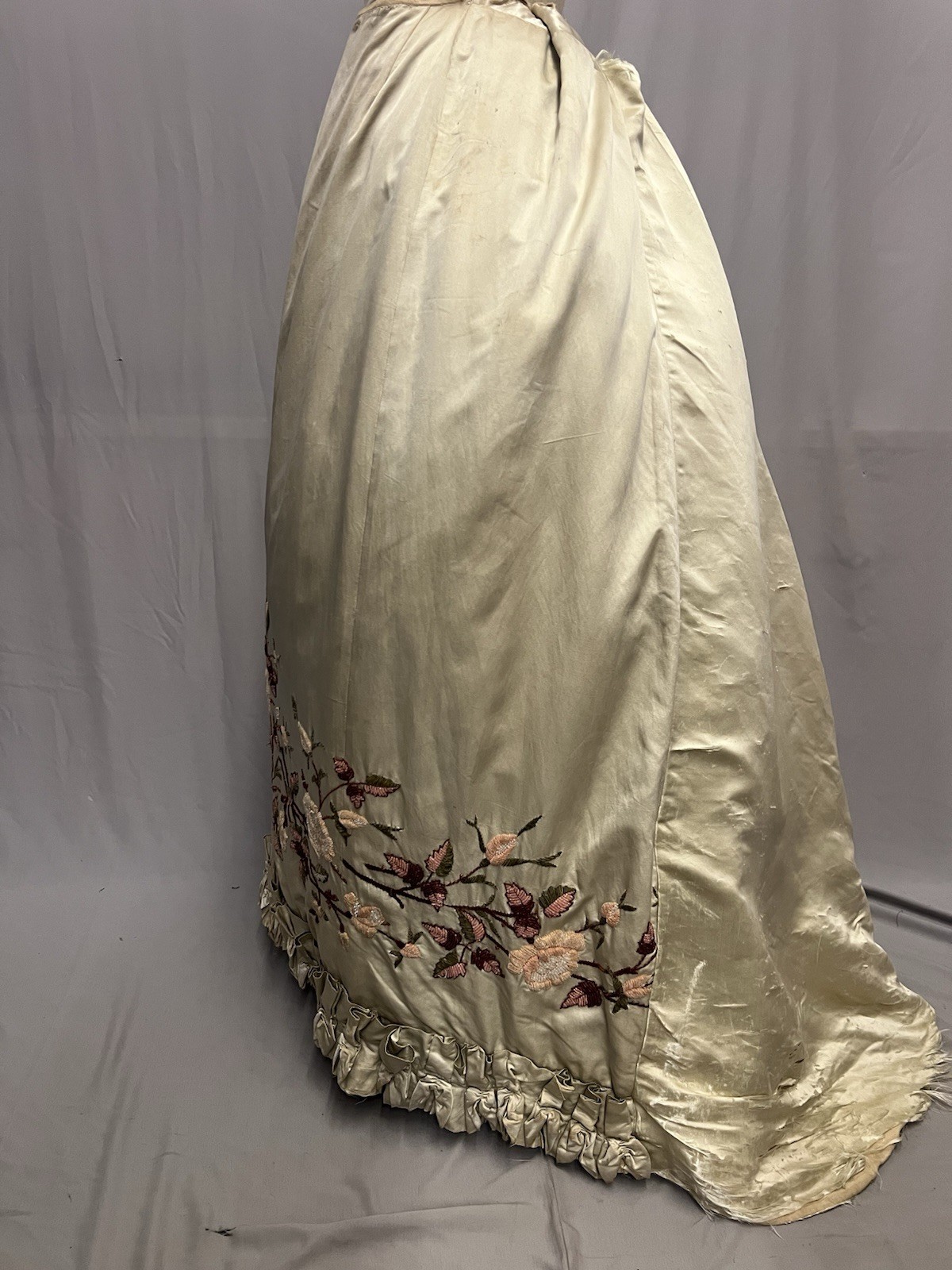 1880’s Light Celery Green Silk Bustle Skirt – Heavy Embroidered & Beaded Florals