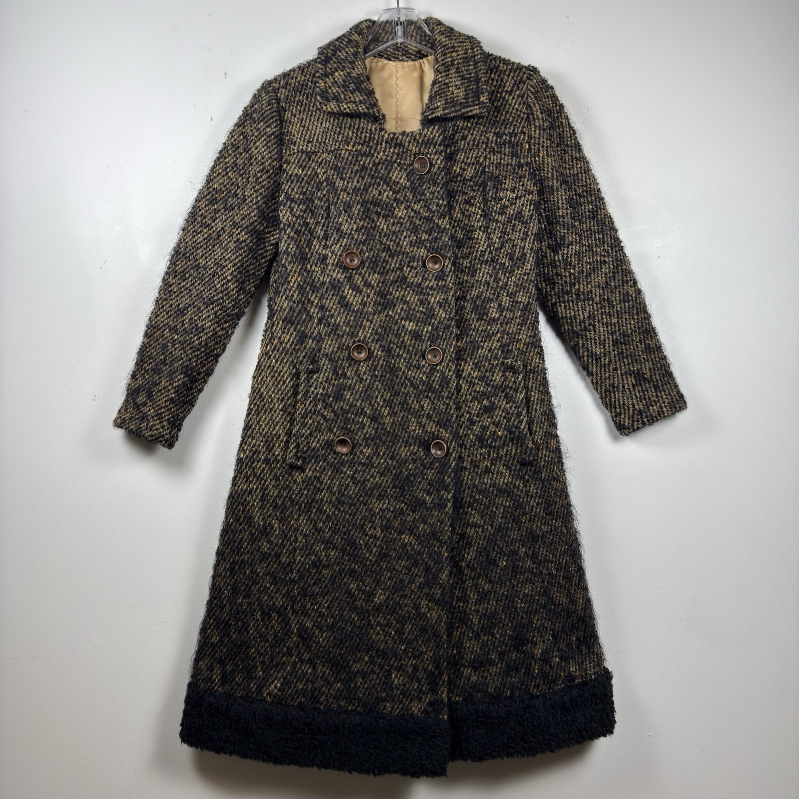 VTG 1960s Custom Made Wool Tweed Double Breasted Coat Womens Small Black Tan NYC