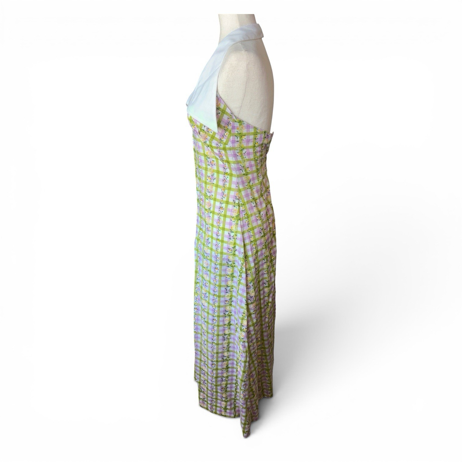 Late 60’s/70’s Gingham Sailor Halter Neck Maxi Floral Dress Handmade Vintage XS