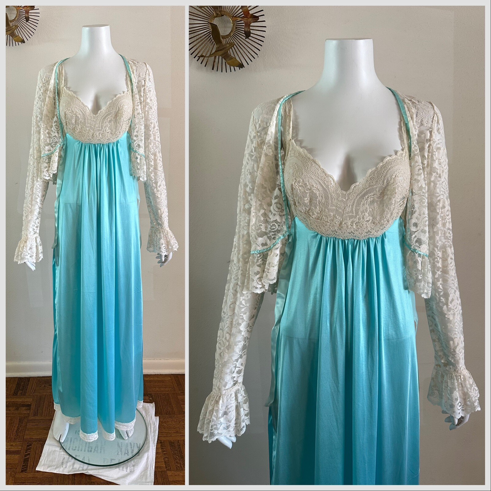 1970s Miss Elaine 2 Pc Lace Bed Jacket Negligee Nightgown Boho Hostess Gown VTG