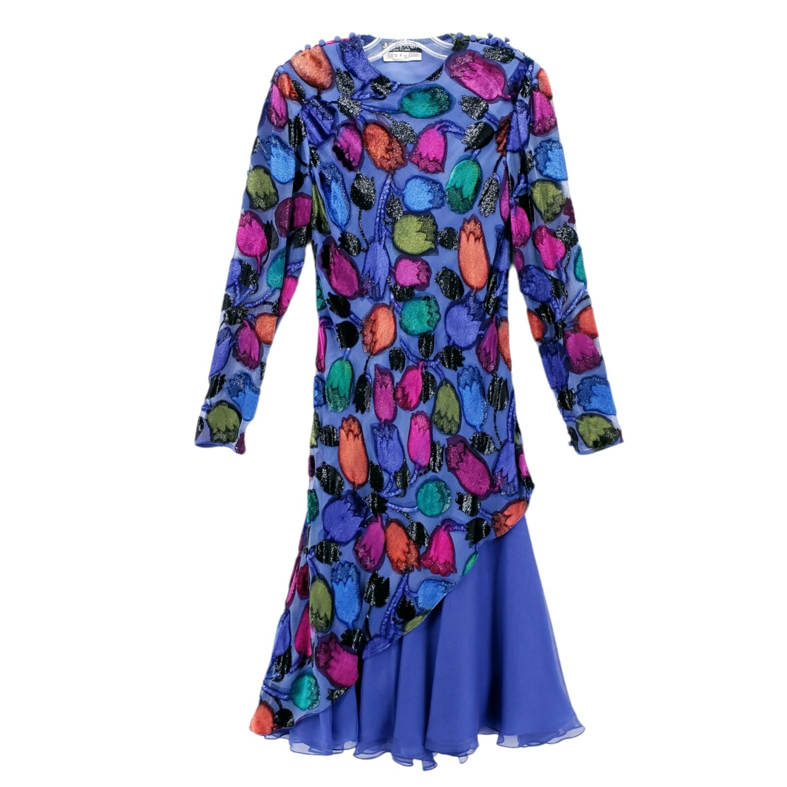 JUDY HORNBY COUTURE Vintage DRESS 80&rsquo;s Gown Floral Blue Purple Layered Size 6