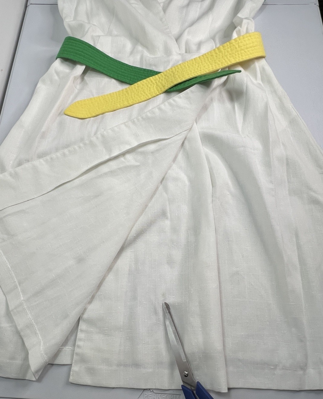 Vintage 60’s White Wrap Dress Green Yellow Striped Sleeves Belted Tag Sz 18