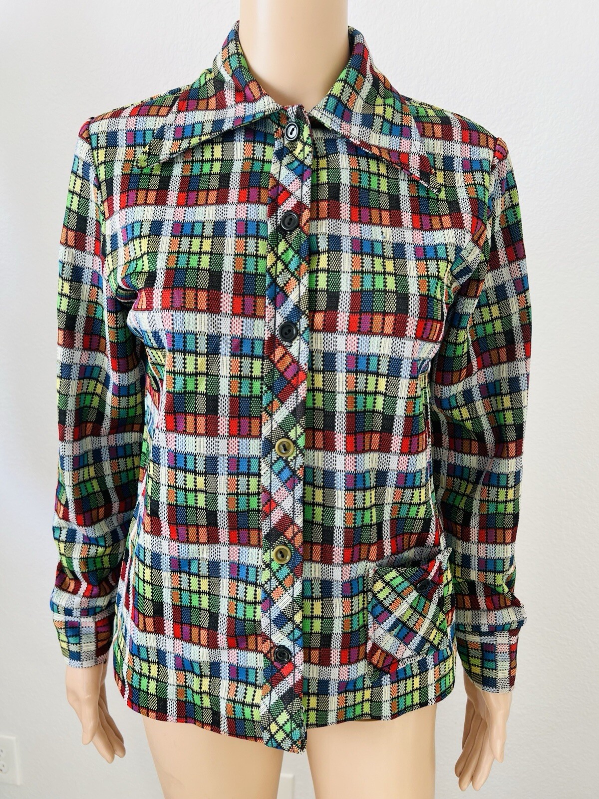VTG 70s JC Penney Fashions Button Up Poly Tartan Plaid Shirt Top Wide Lapel M**
