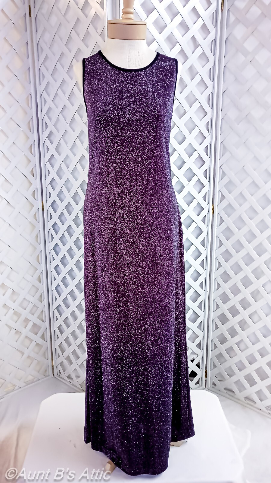 Maxi Dress Vtg 90&rsquo;s Byer Studio Eggplant/Slv Glittery Lurex Sleeveless Dress 8