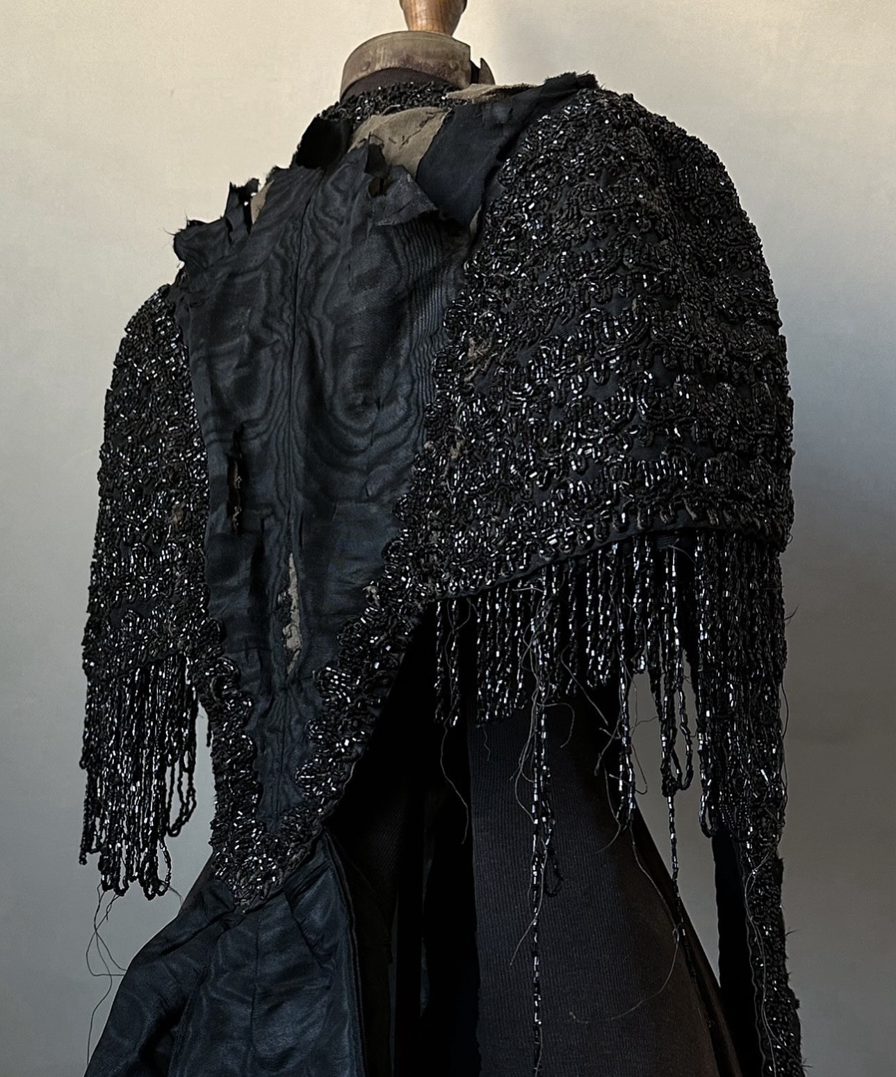Victorian Antique Mourning Cape Jacket Black Jet Bead Moire Silk As Is