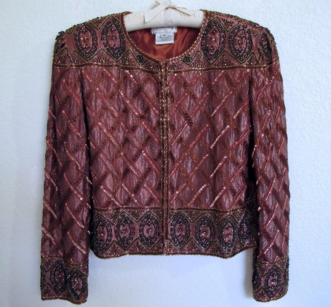 Vintage 80s Stenay Copper Brown Silk Trophy Sequin & Bead Jacket S Glam Party