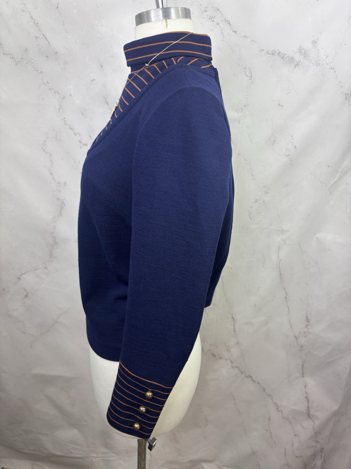 Vintage 60s MOD Nautical Top Blouse Twiggy Mock Neck Black Zip Union S USA Flaw