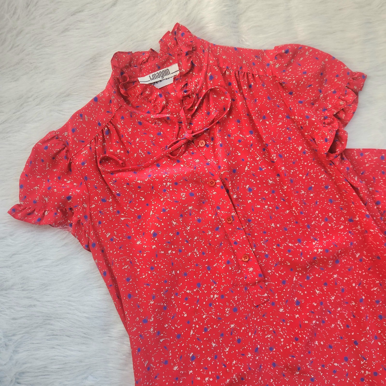 Vtg I. Magnin AP LTD Silk Dress Red Floral Print Ruffle Short Sleeve Midi Size 8