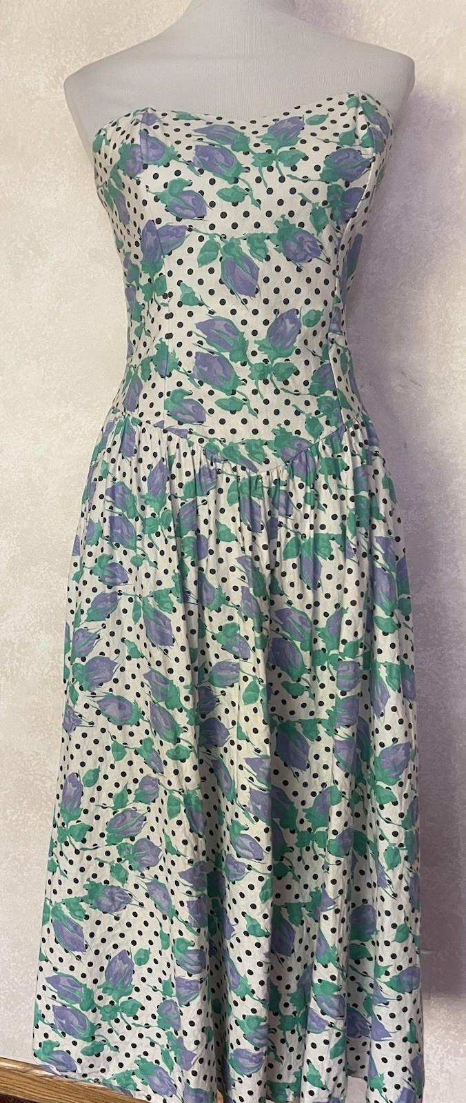 Vtg 70s Union Made Strapless Midi Dress 11/12 Floral Green Purple USA Made Boho