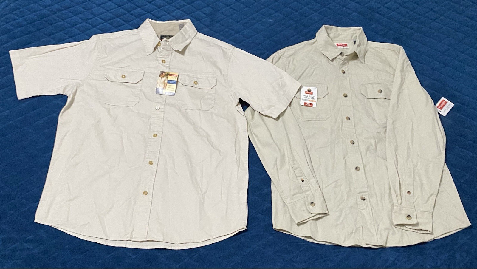 Wrangler Men’s Shirts Brand New 1 Short Sleeve & 1 Long Sleeve Khaki