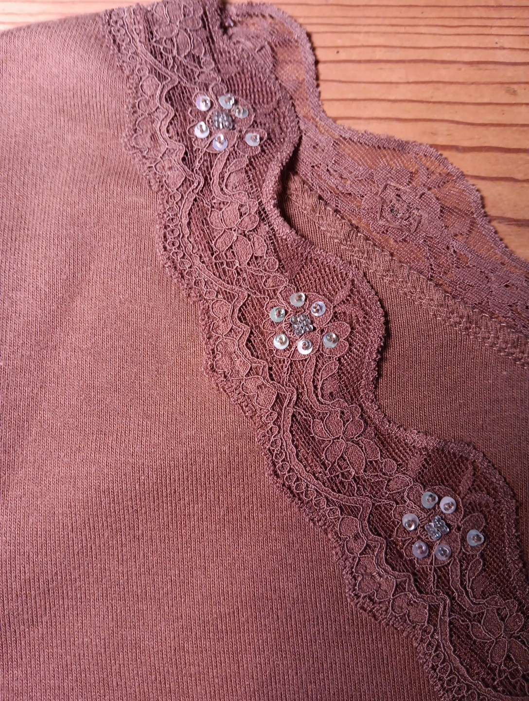 VTG Dressbarn Womens M Fitted Top Beaded Lace Brown Stretchy Y2K Fairycore