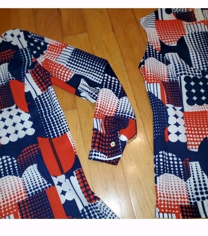 Vtg 70&rsquo;S Mod Geometric McM Twinset Long Sleeve Polyester Retro Red White Blue