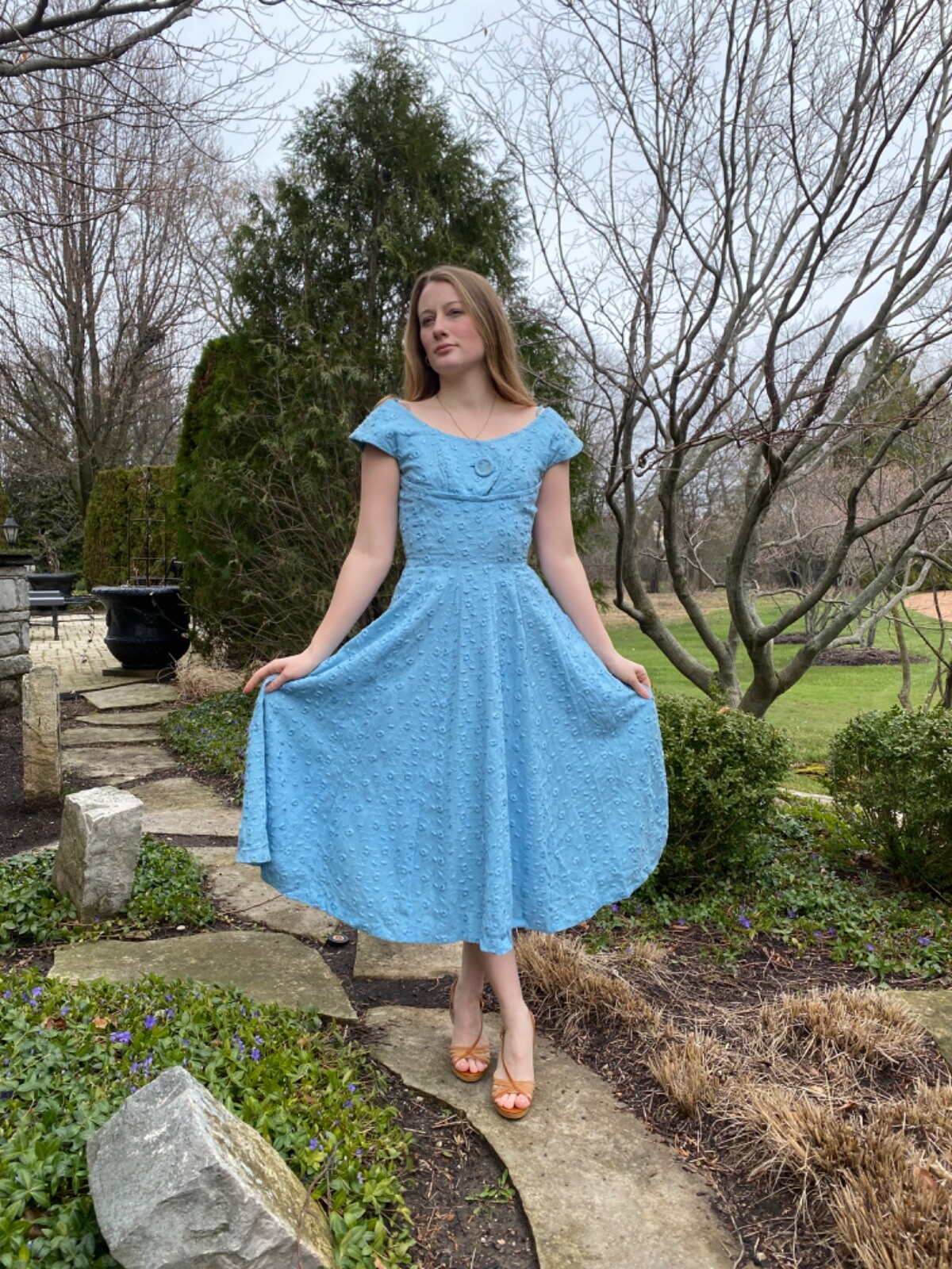 VTG 1950&rsquo;s Gigi young blue tea dress, DUEL NECKLINE size S, 25 in waist