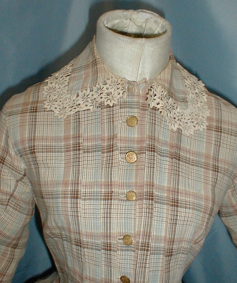 Charming Antique 3 Piece Bustle Dress Victorian 1870 Beige Plaid Cotton