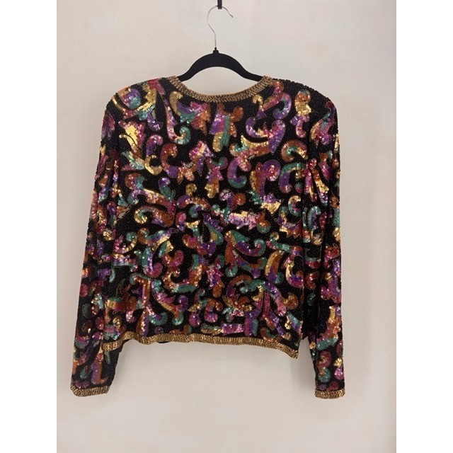 Vintage Laurence Kazar Black Multicolor Sequin Beaded Silk Jacket Glam Art Deco