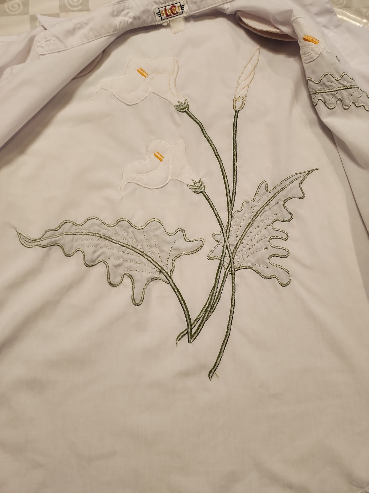Vtg 80s White Cotton Blouse Short Sleeve Calla Lily Embroidered Shoulder Pads L