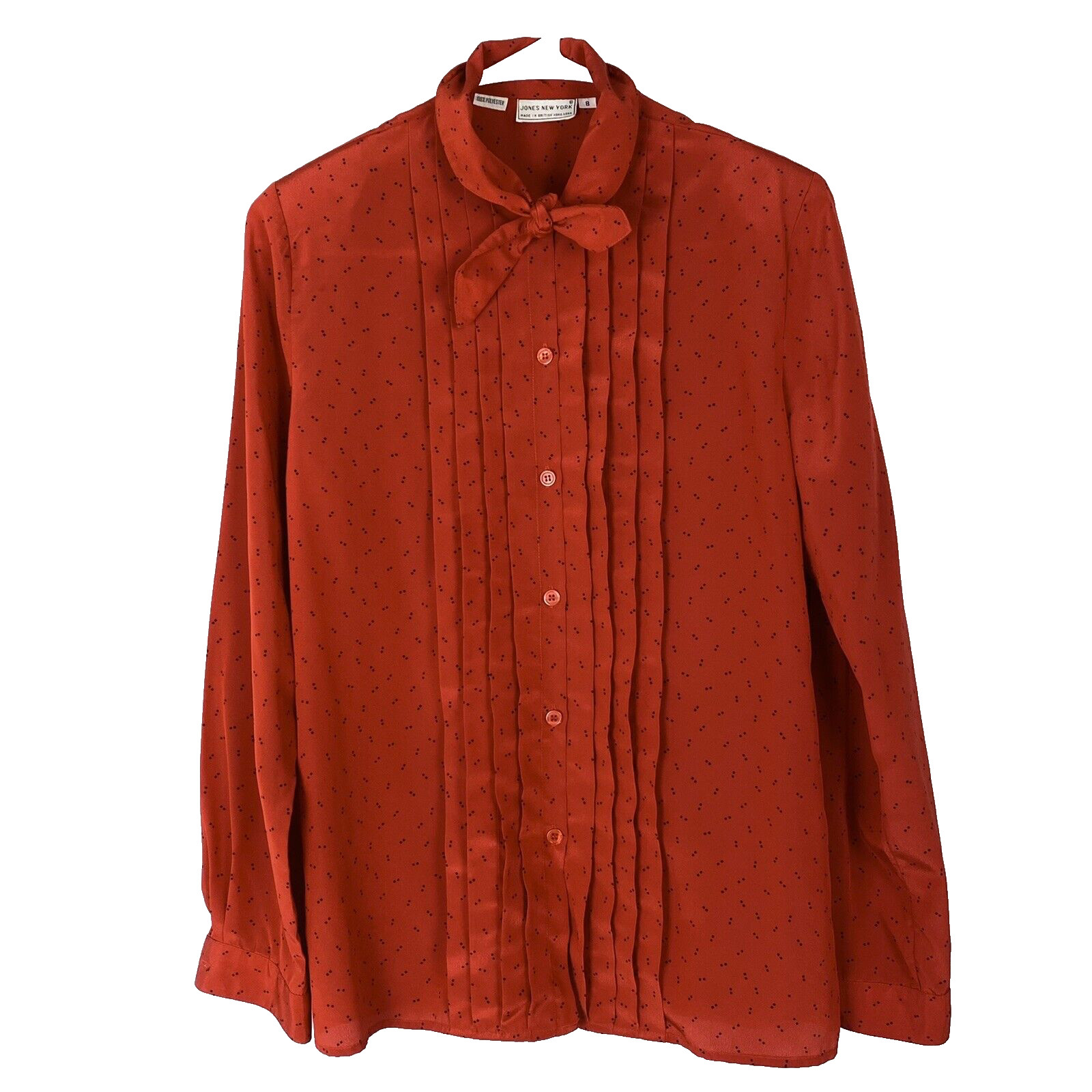 Vintage Jones New York Womens Button Front Blouse 8 Red Black Dots Pussy Bow