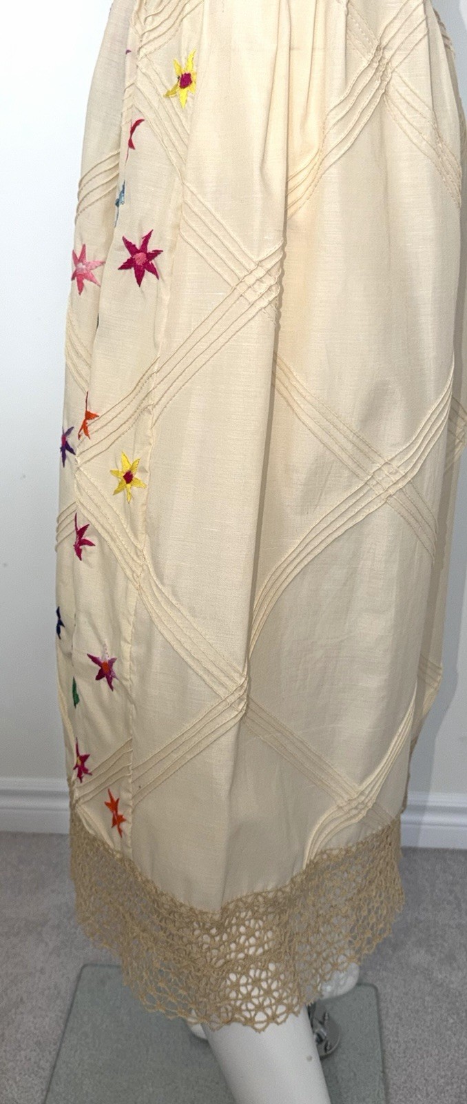 Vintage 1970s Mexican Embroidered Festival Cream Prairie Crochet DRESS