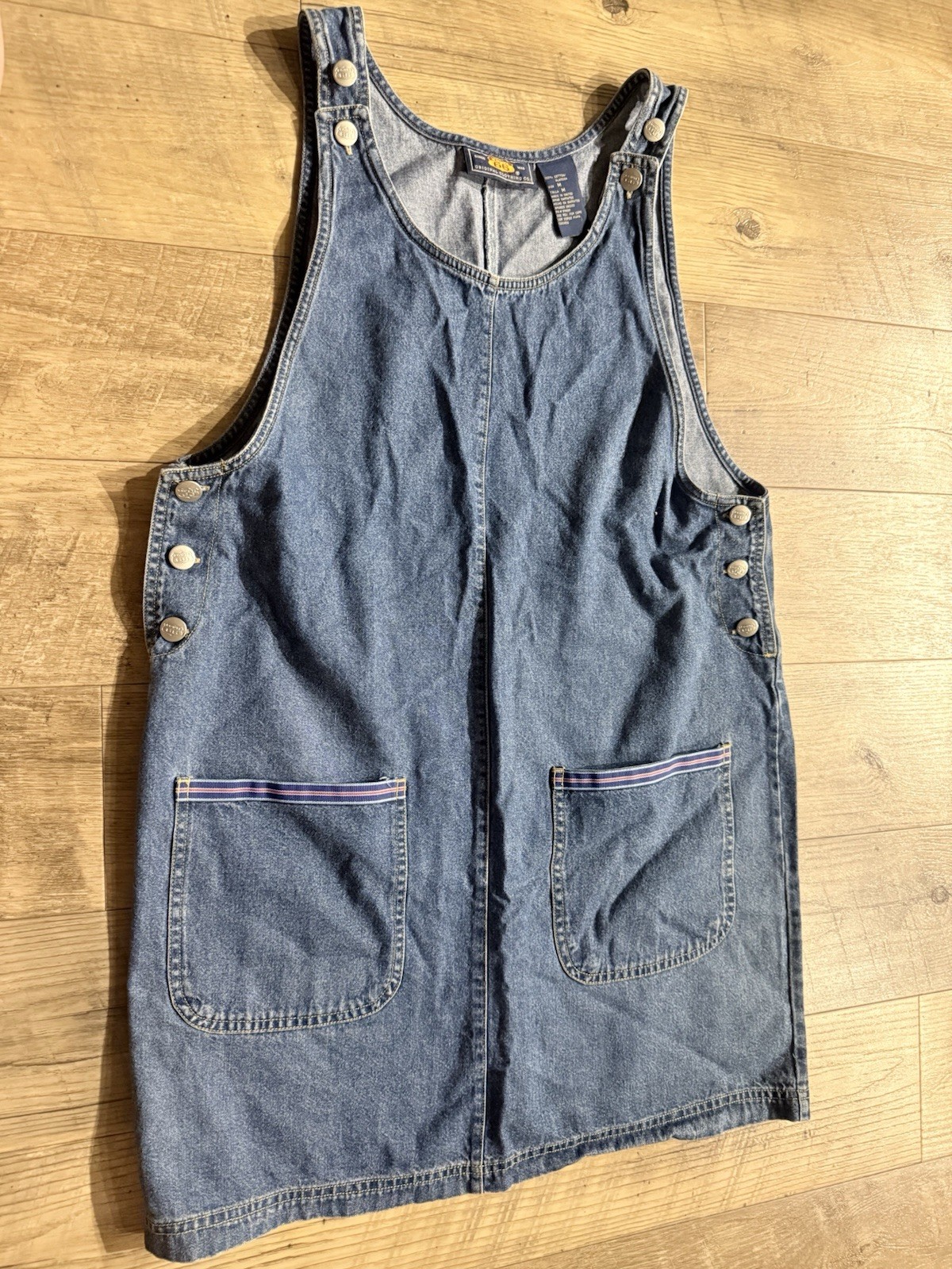 Vintage Route 66 Denim Jumper Dress Womens M 90s Y2K Pinafore Overall Pocket