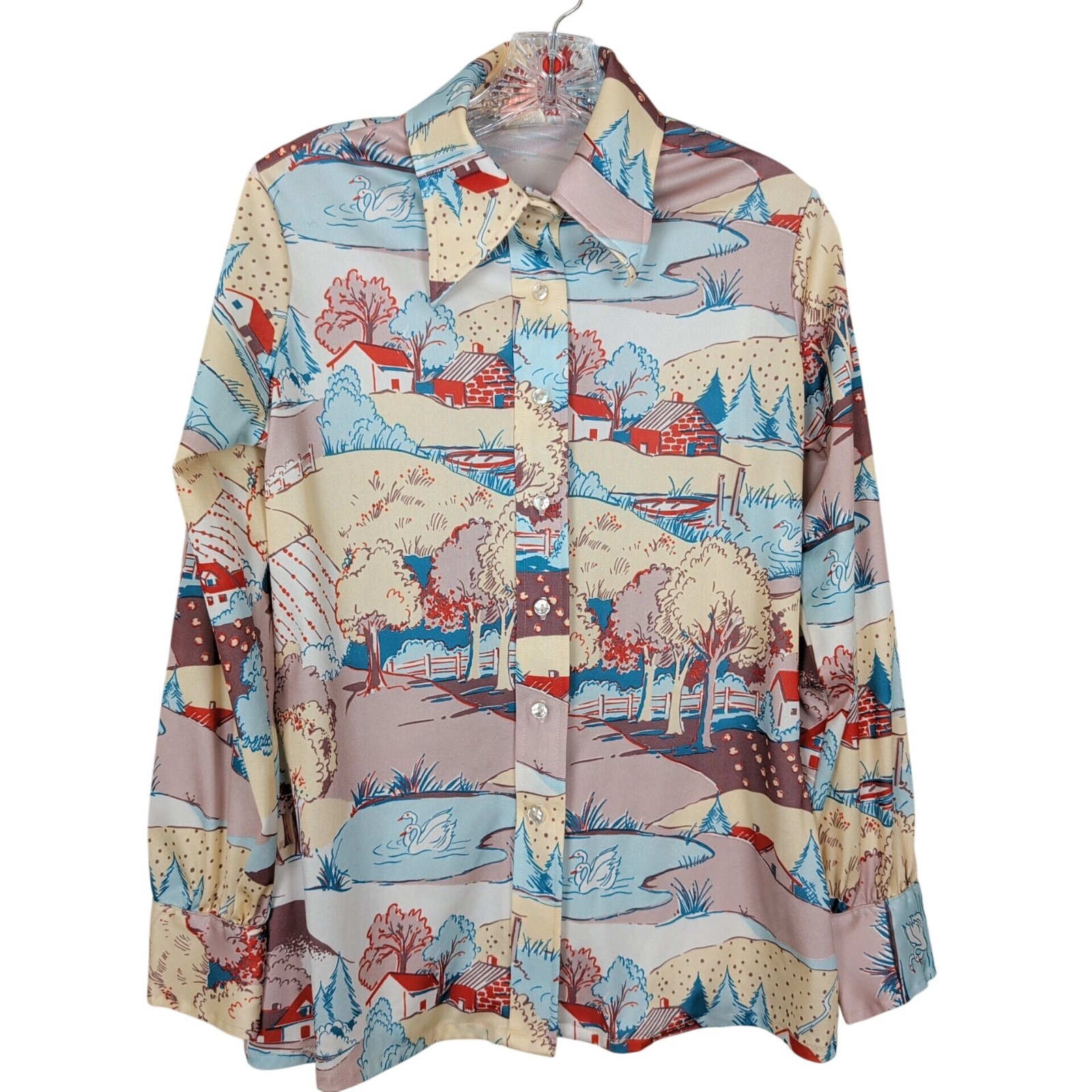 Vintage Catalina Sport Women Novelty Scenic Button Front Blouse Long Sleeve