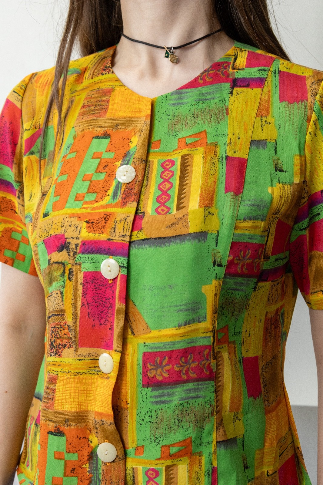 Vintage 90s Abstract Art Print Blouse Green Orange Pink Yellow Maximalist Sz M