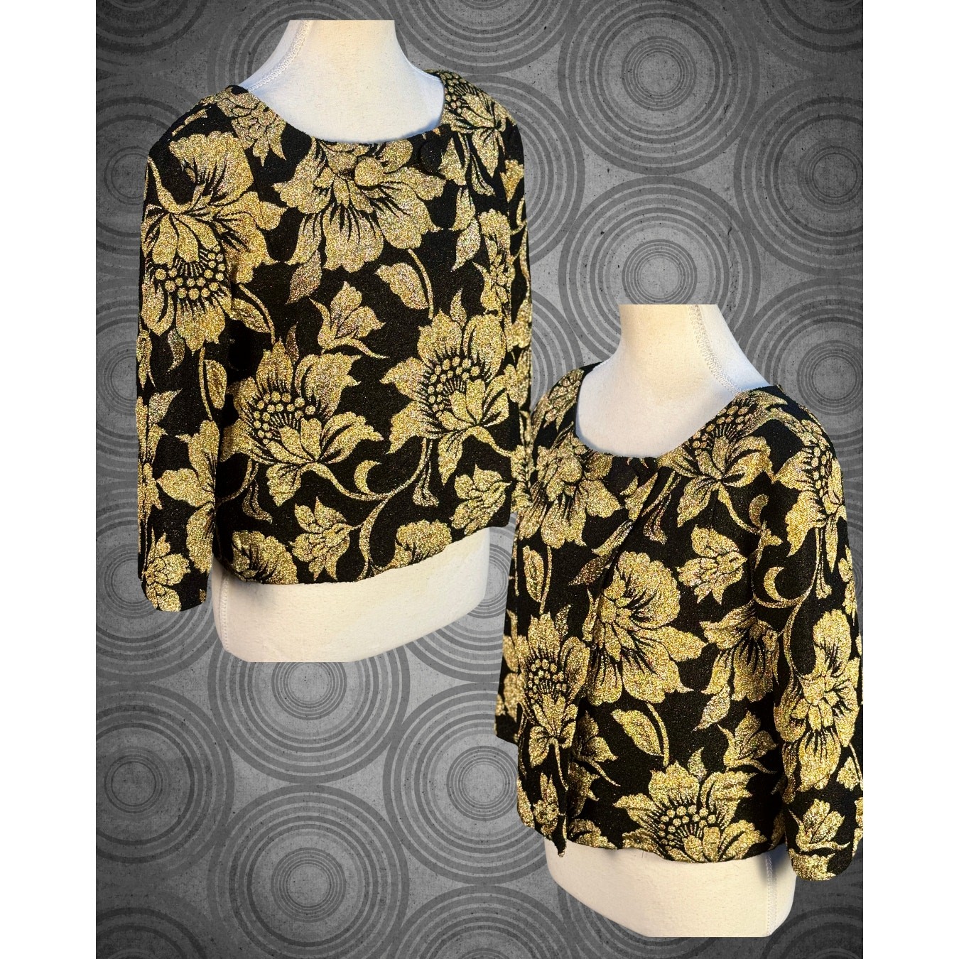 Vintage 60s Gold Lurex Black Floral Brocade Bolero Crop Evening Coat L