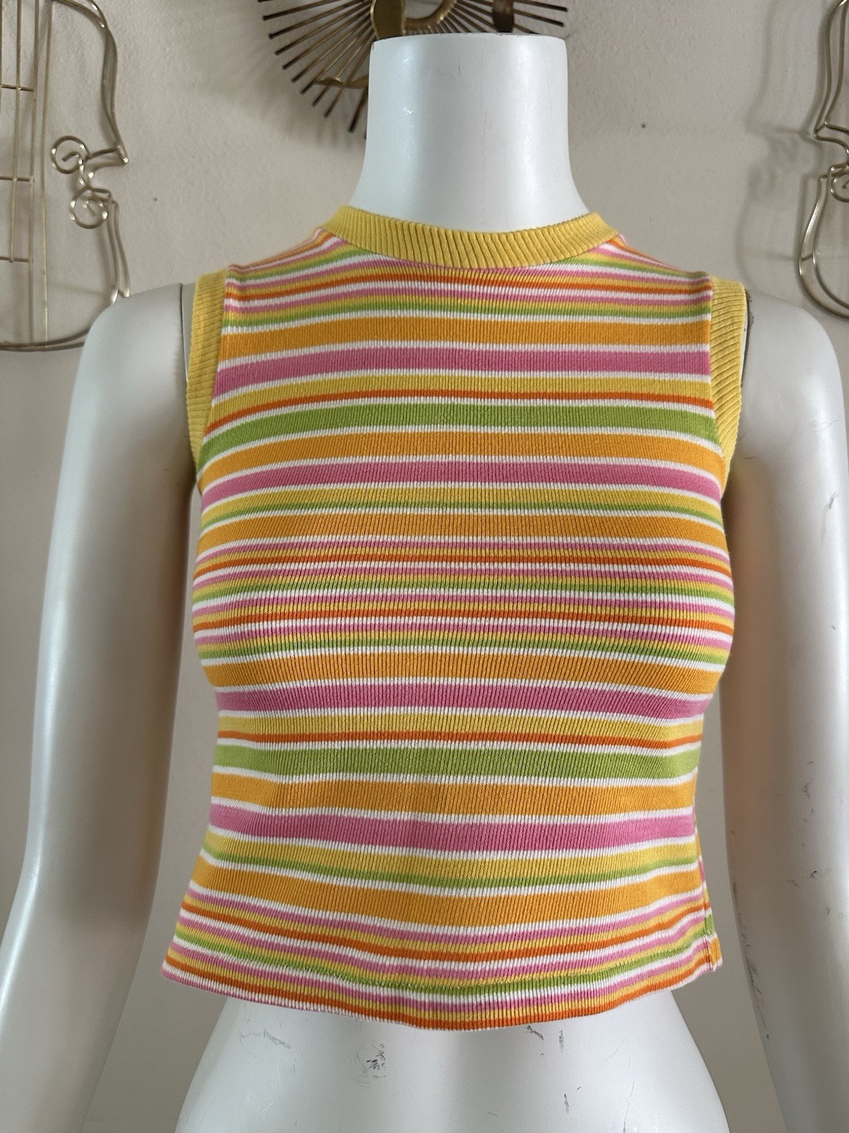 1960s 70s Stripe Knit Crop Tank Top Mod Resort Sportswear Surf Pink XS S VTG