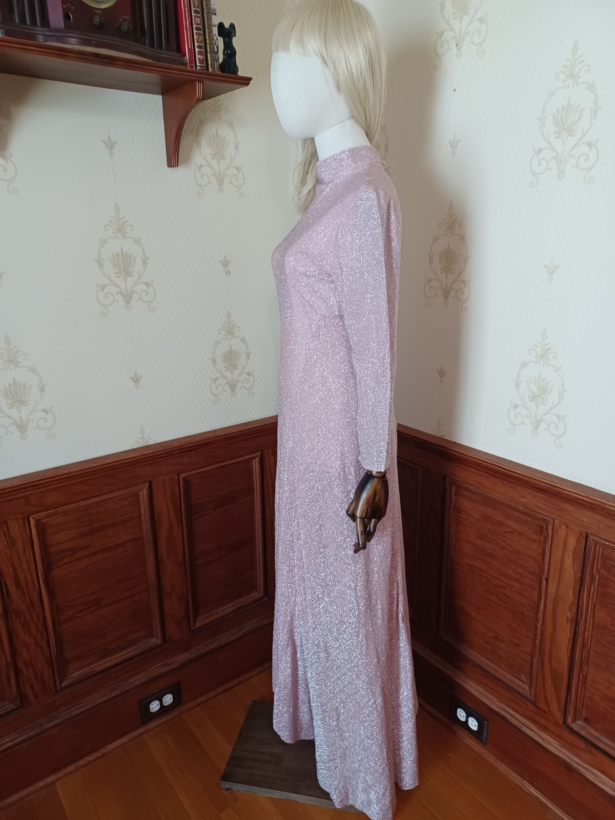 Vintage 1960s/70s Pink Glitter Disco Glam Medieval Revival Hostess Maxi Dress