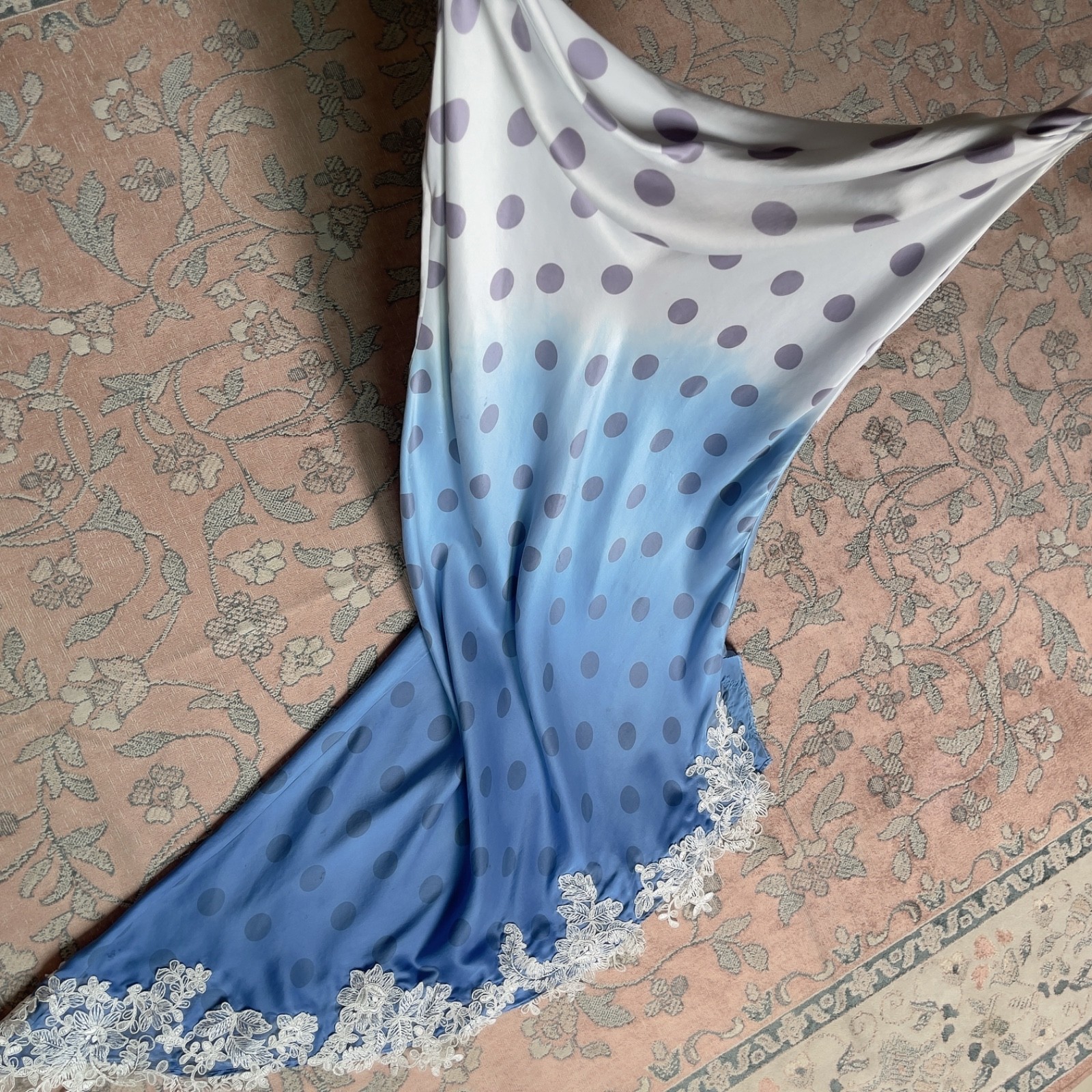 Vintage Pale Lavender & Hand-Dyed Blue Silk Polka Dot Slip Dress (S–M)