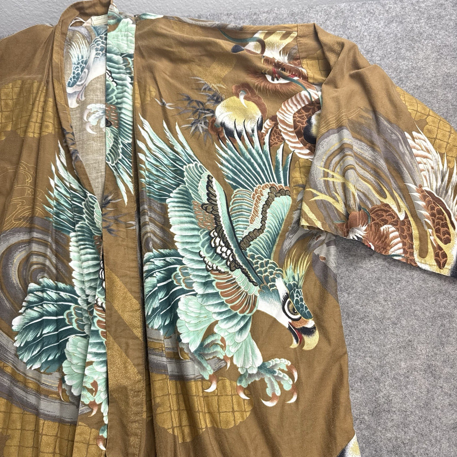 VTG Japanese Kimono Robe Dragon Hawk Eagle Brown Cotton Yukata Men OS Lounger