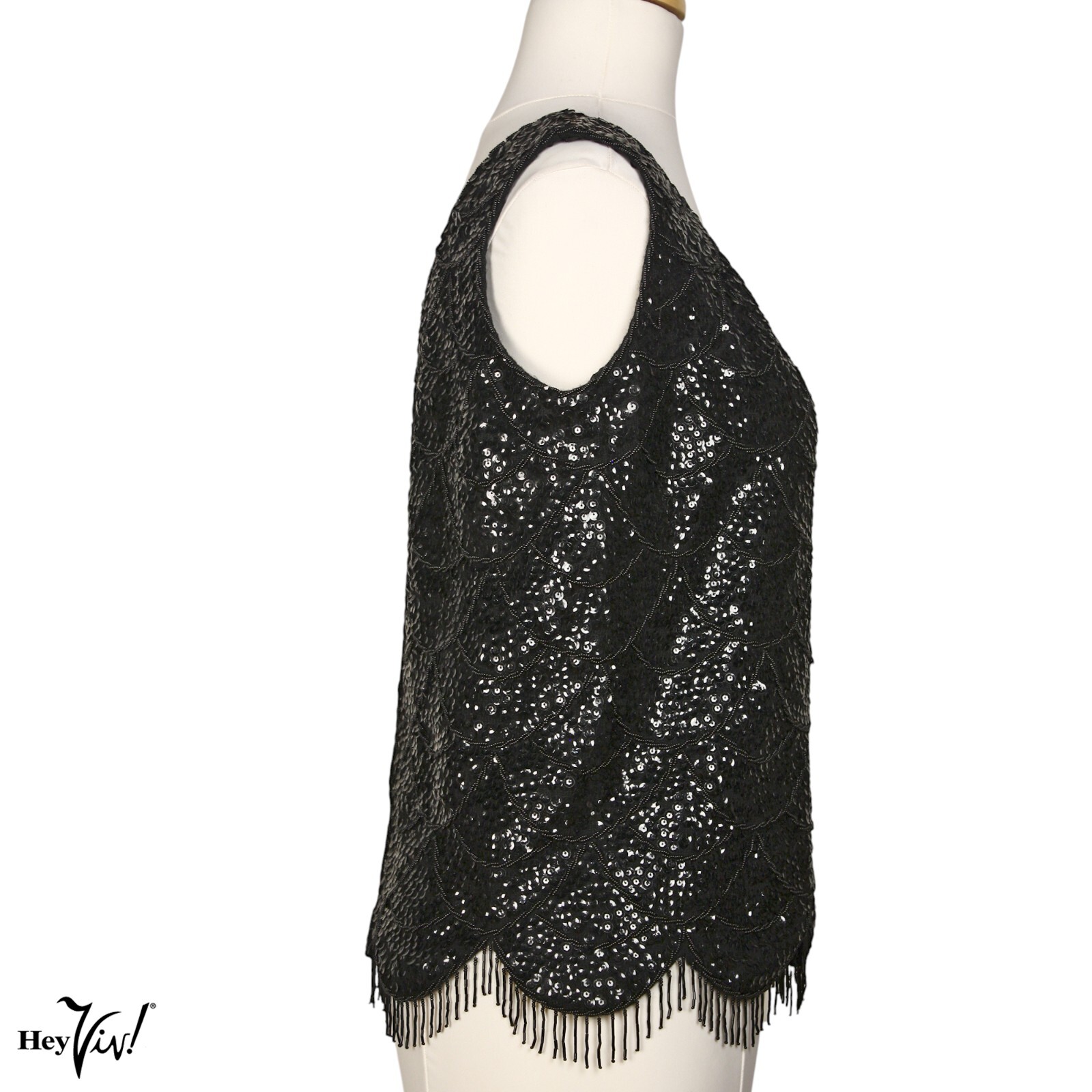 Vintage Black Sequin Bead Shell Top Scalloped Fringe Metal Zip B38 W36 – Hey Viv