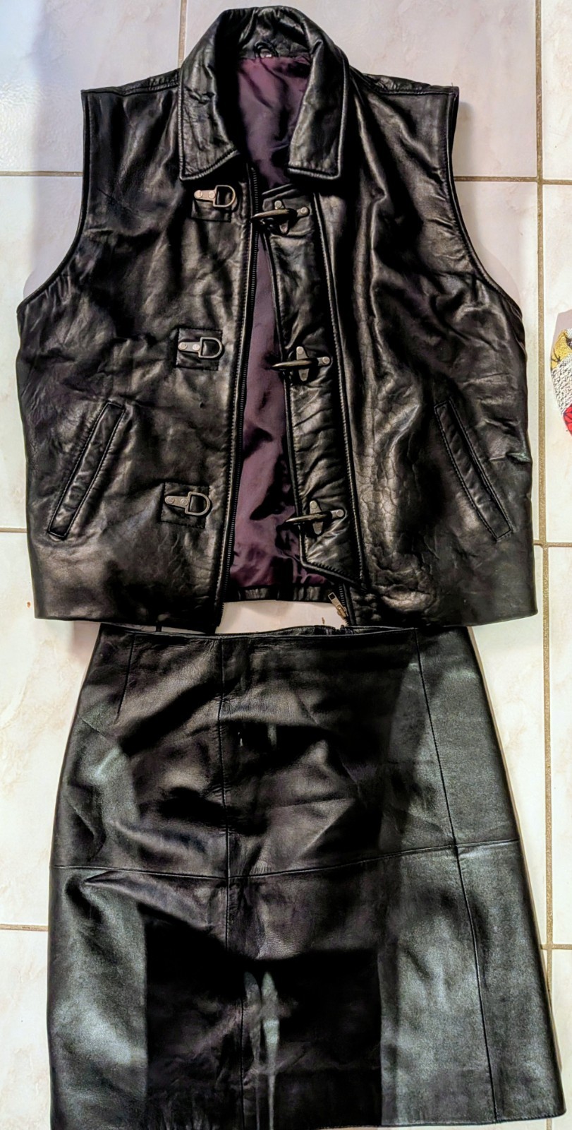 Black Leather Andrew Marc Leather Vest & Isaac Maserati Skirt 2pc LOT