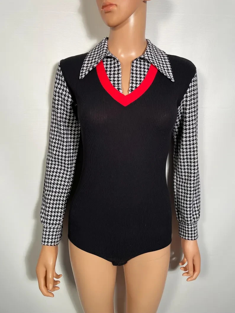 Vintage 1970s Houndstooth Bodysuit Made In USA Size S/M