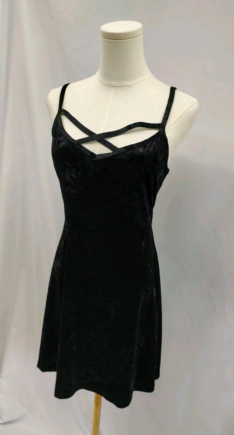 Vintage Y2K Bongo Slip Dress Black Crushed Velvet Strappy Accent Bust Short XL