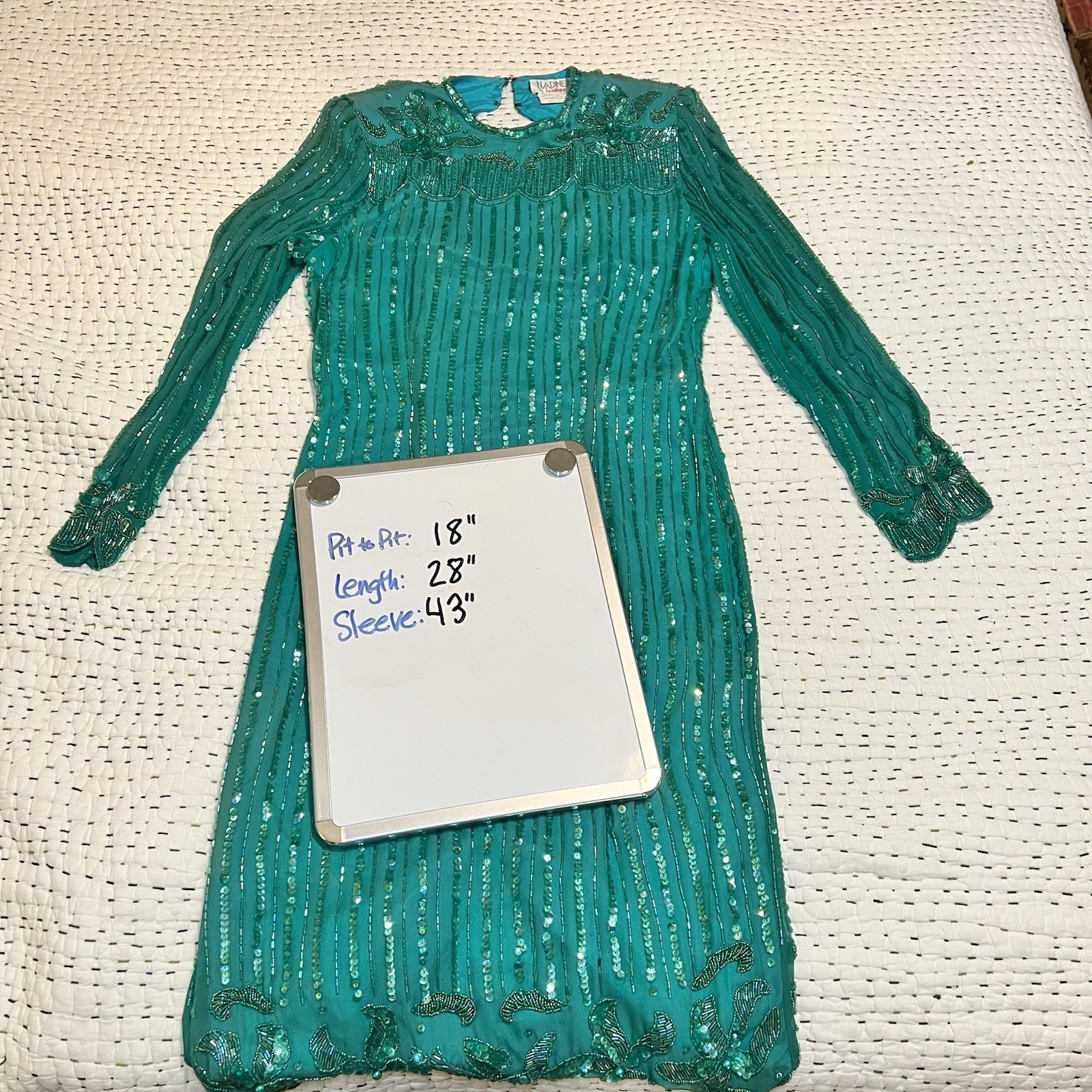 Vintge NADINE Boutique Medium Silk Hand Beaded Embellished Cocktail Dress Green