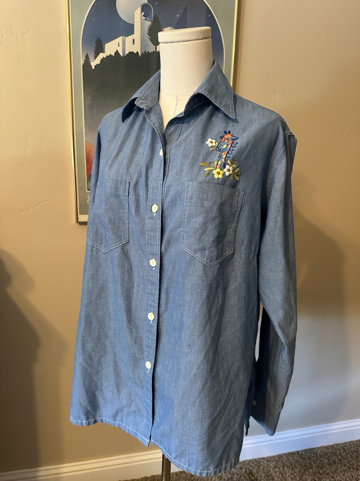 Vintage 60s/70s Helen Cerda Chambray Cotton Button Down Shirt Embroidery