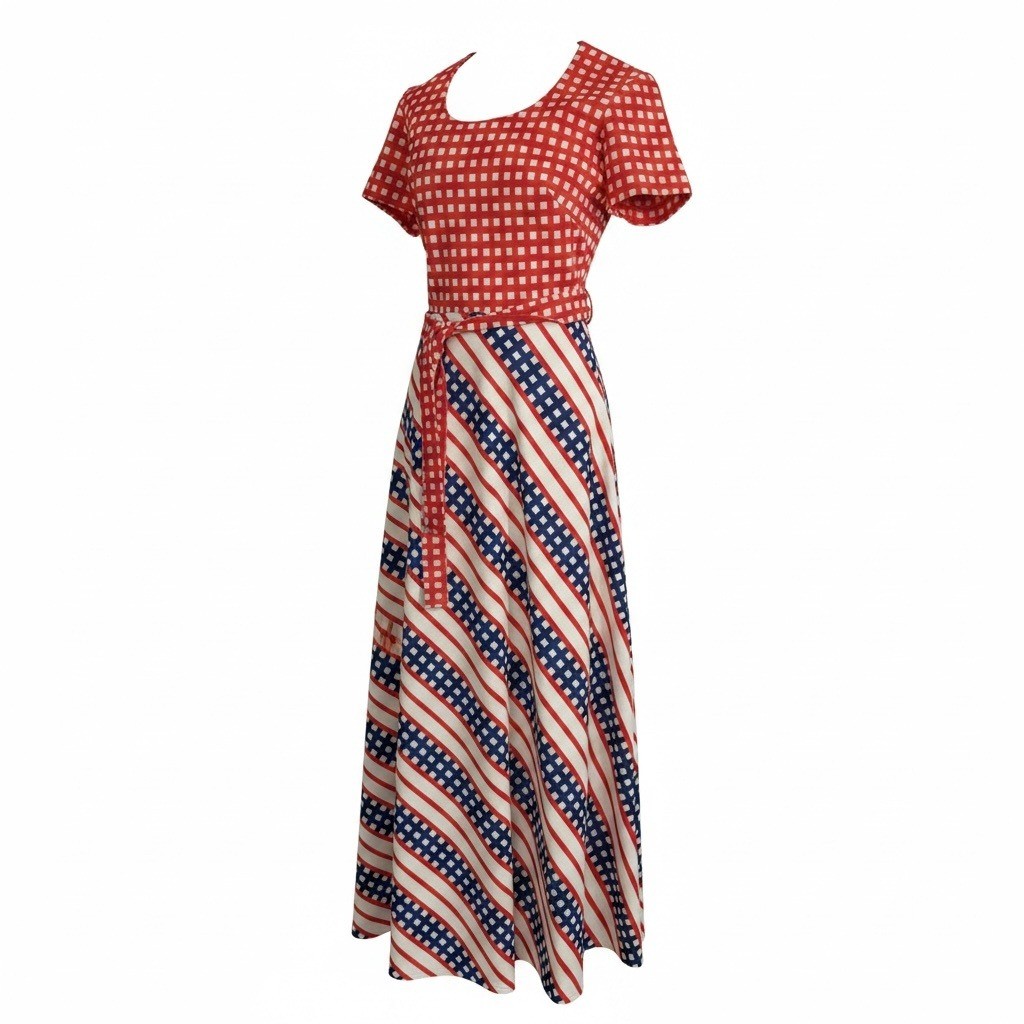 VTG 70s Red White Blue Gingham Patriotic Maxi Dress Tag 11 Size 4/6 Small July 4