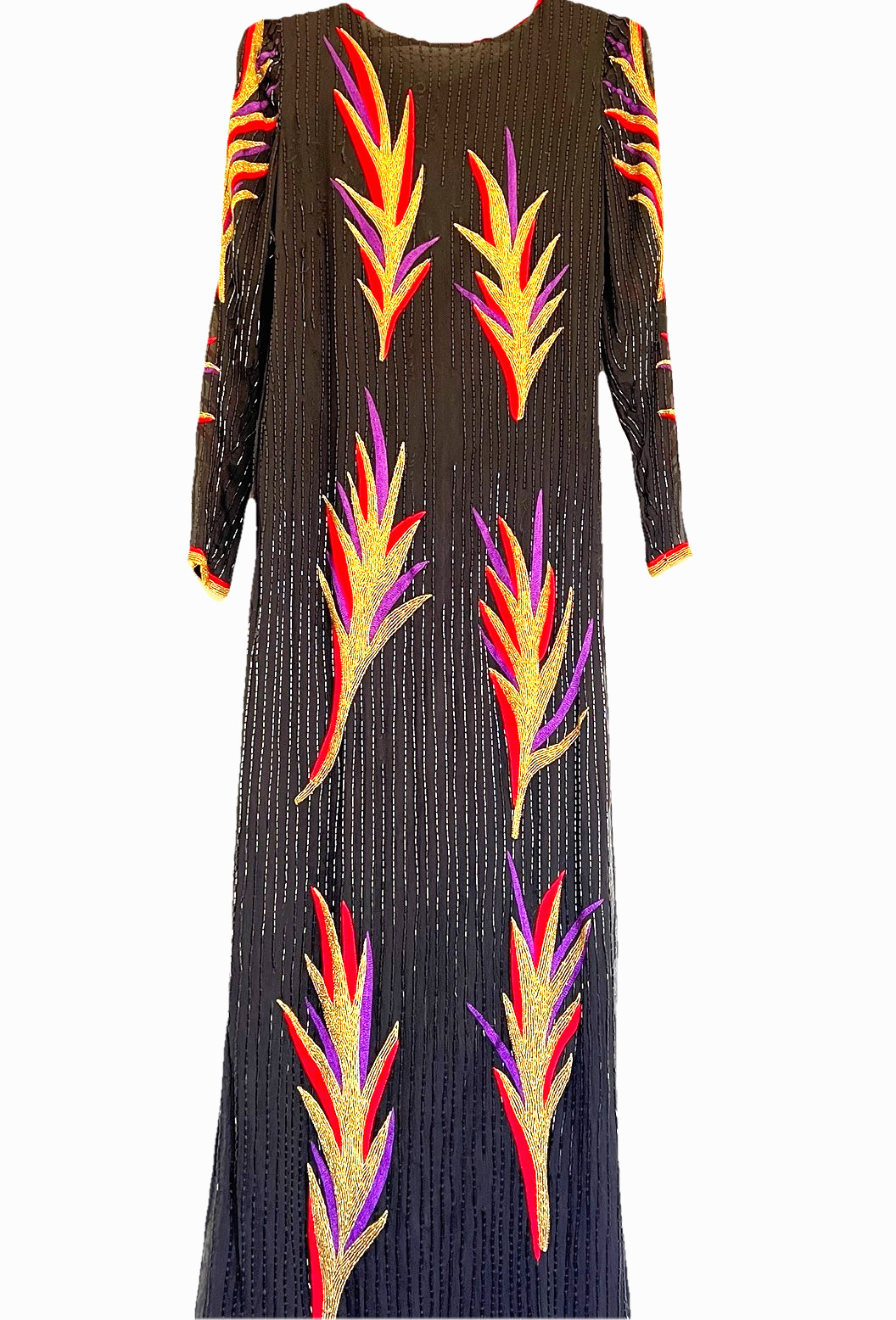 70&rsquo;s beaded & embroidered silk gown- Bob Mackie style Abstract Flame Pattern