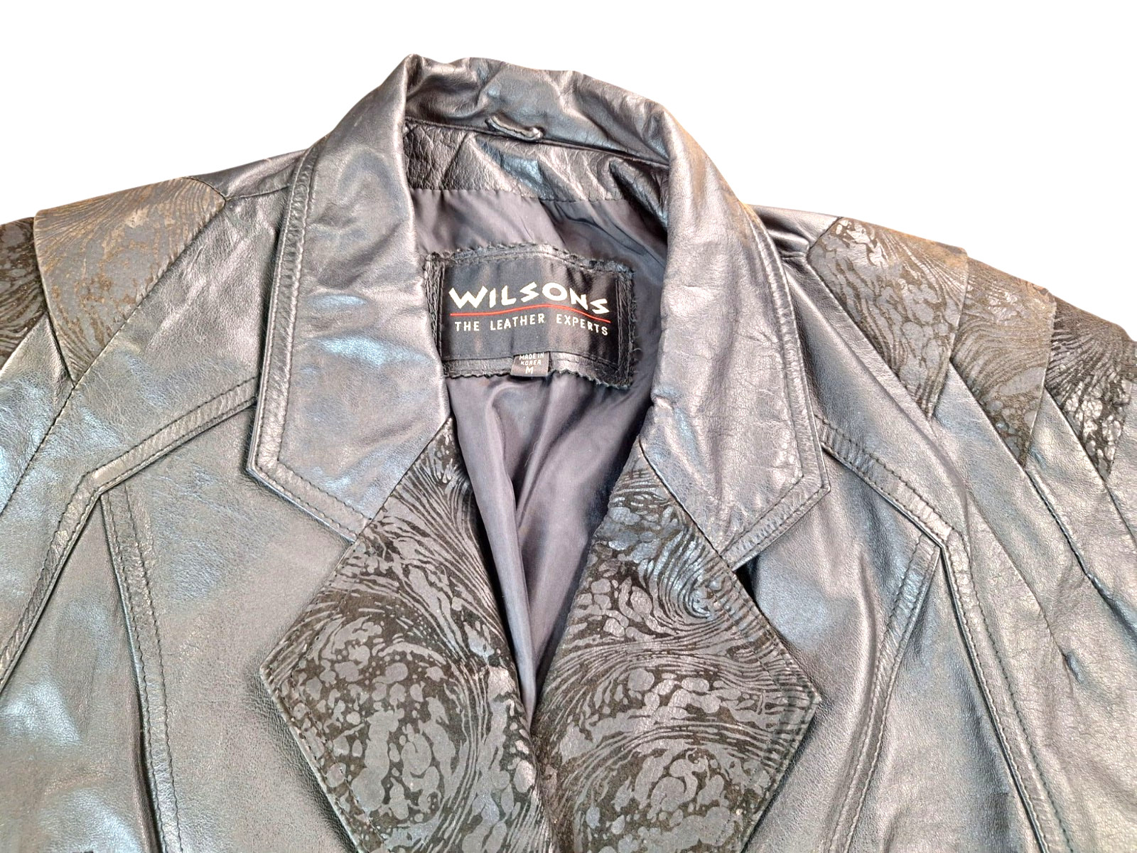 VTG Wilsons 100% Leather Moto Jacket 1980s-90s Black Women MEDIUM Floral Paisley