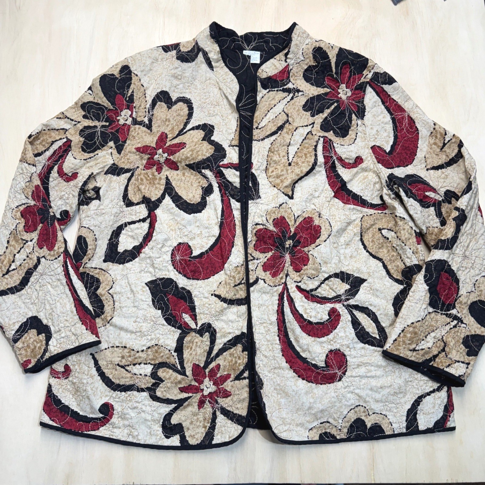 VTG Alfred Dunner Quilted Jacket 22W 2X Floral Black Red Cotton Boho Flaw