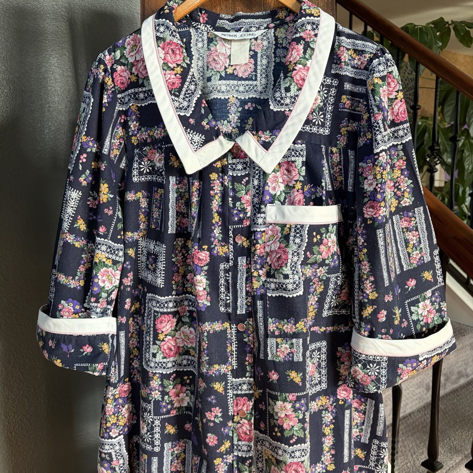 VTG Models Coat House Dress Patchwork Floral Blue Pink Snap Buttons Pockets