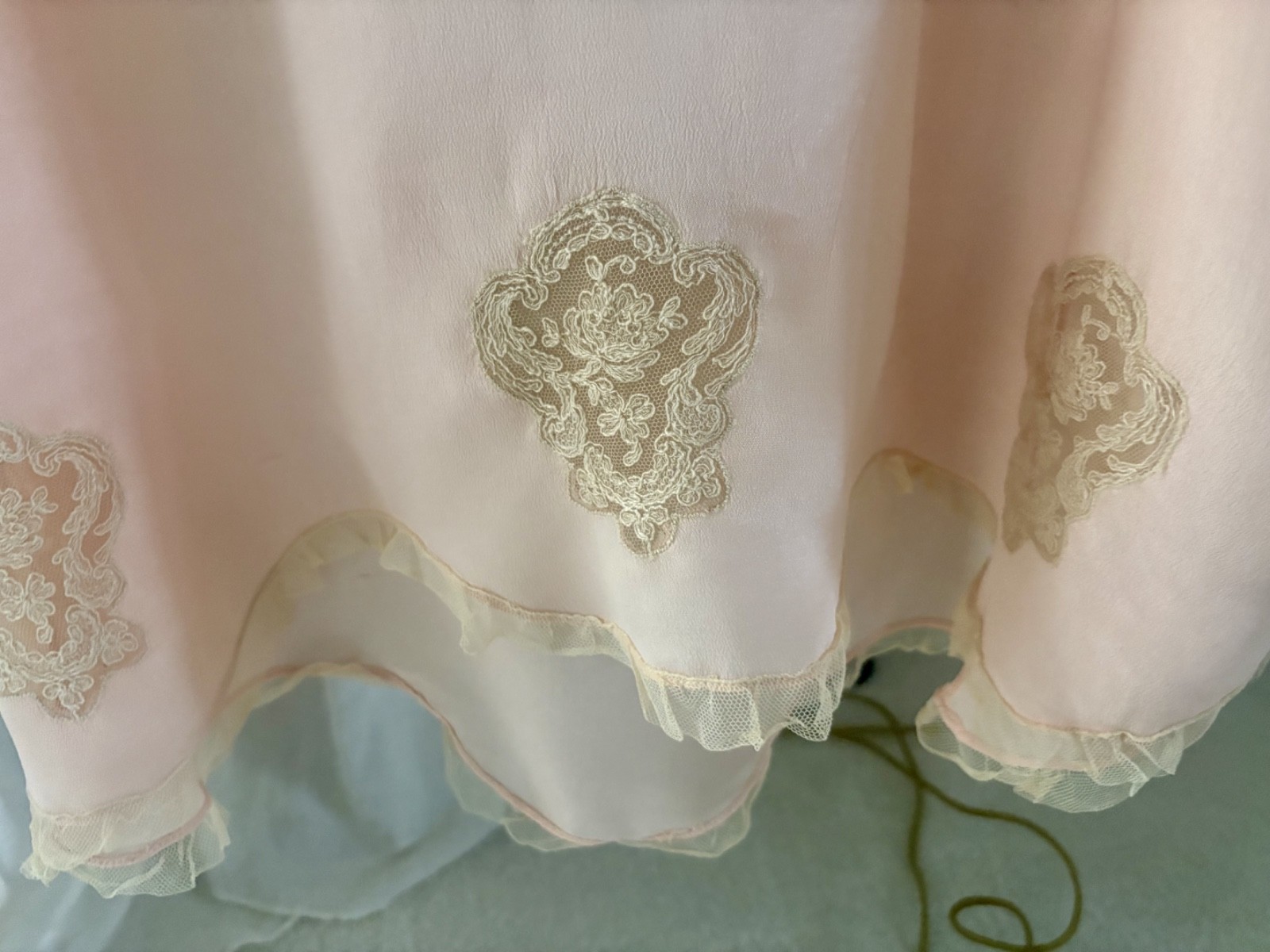 1930s Pink Silk and Lace Maxi Flapper Slip Dress with applique flowers