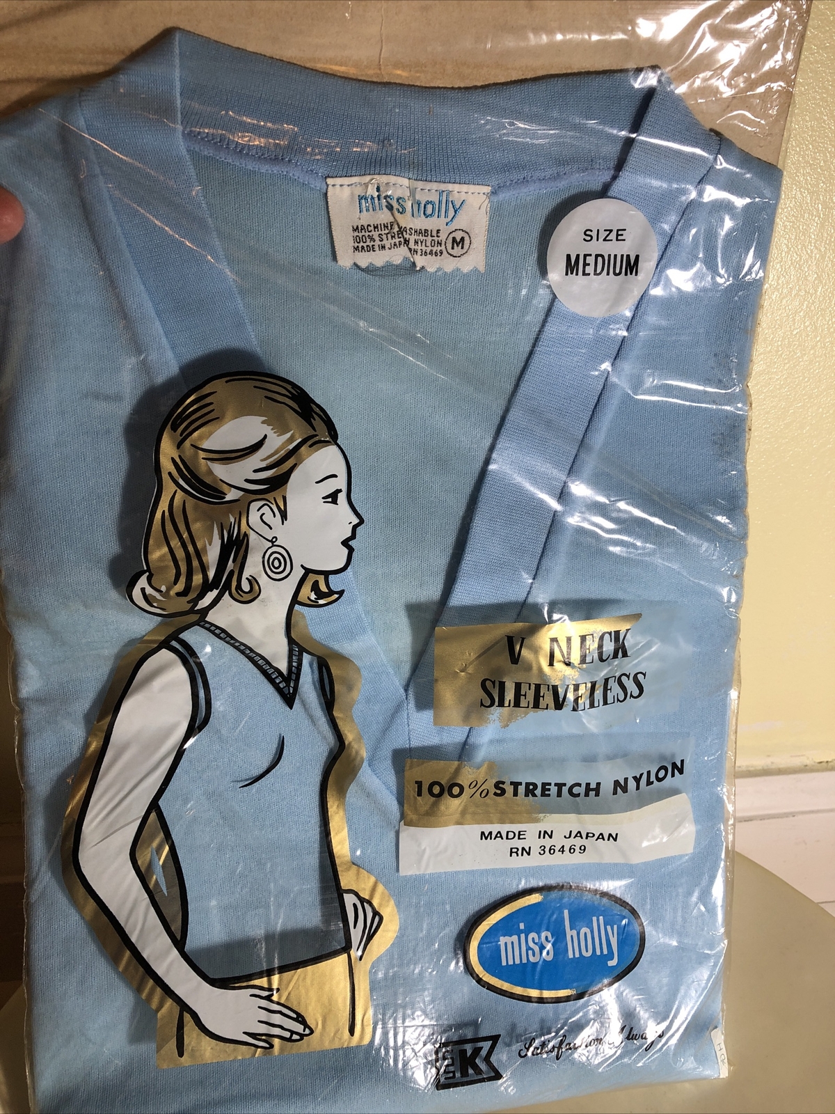 Vtg Miss Holly Med V Neck Sleeveless Tee Lt Blue Japan for Kmart USA 1960s NOS