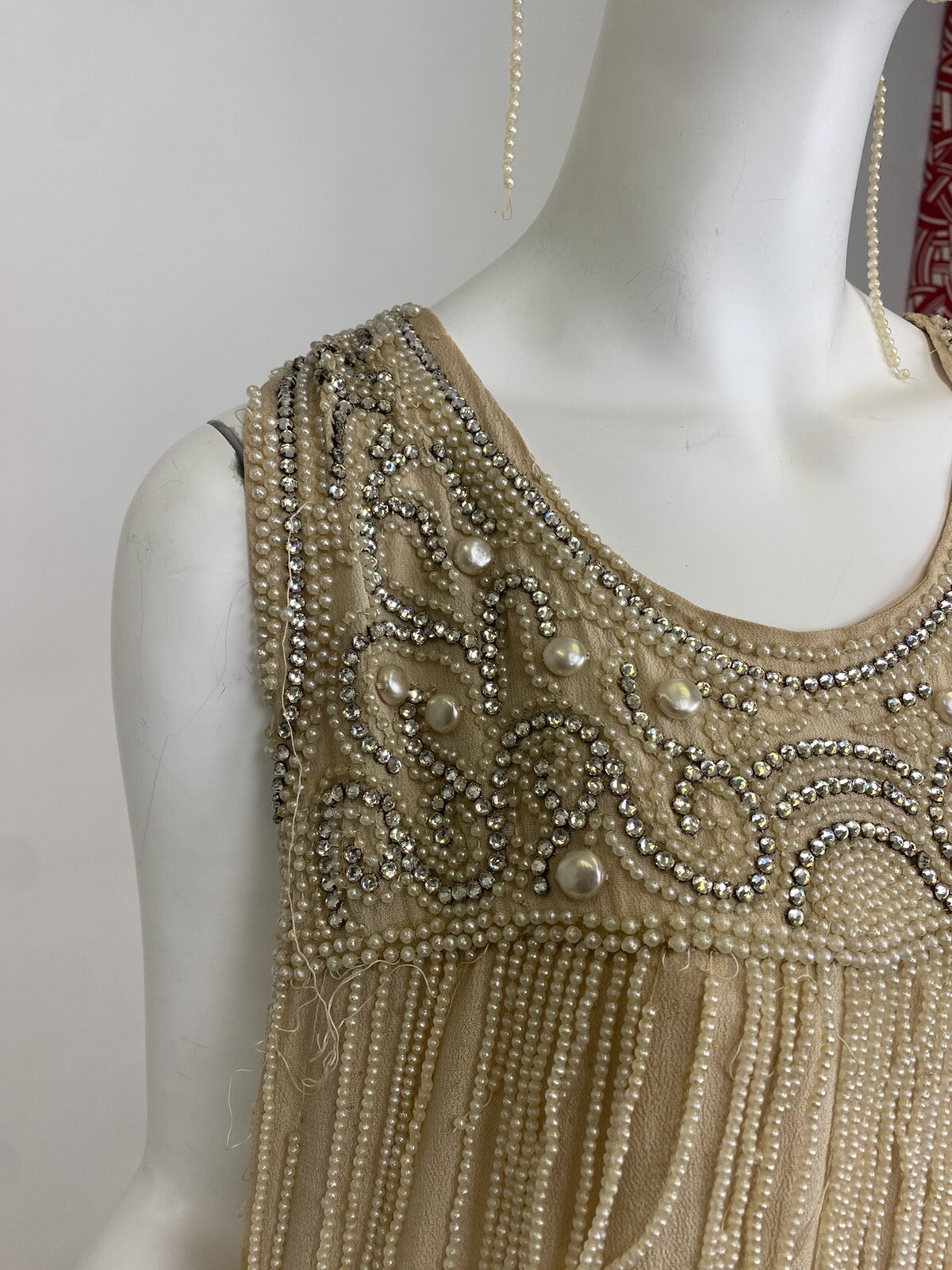 Real Antique 1920s Flapper Wedding Gown Train Headpiece Pearls Rhinestones