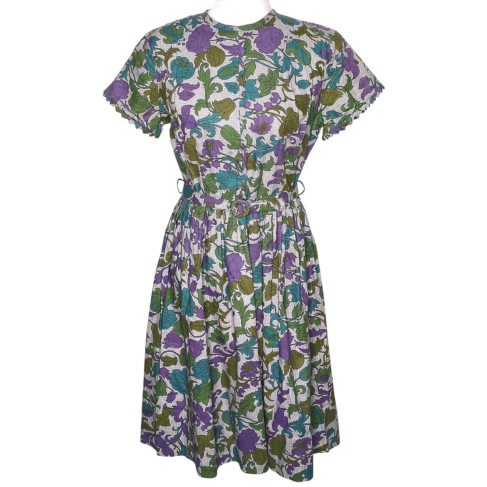 Vintage Mode O&rsquo;Day Floral Day Dress Women Small Purple Green Short Sleeve Belted